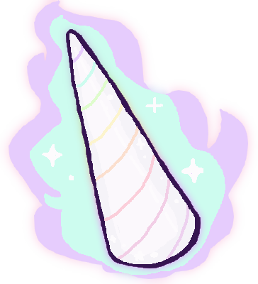 A white unicorn horn, with a subtle rainbow glitter sheen. It is ablaze with purple and turquoise magic, that appears similar to flames.